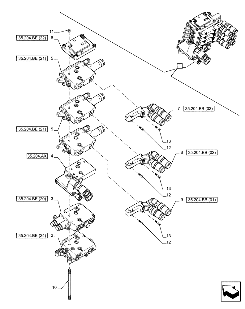 Схема запчастей Case IH PUMA 165 CVT - (35.204.BE[14]) - VAR - 391164 - 3 REMOTE CONTROL VALVES (MHR W/PB), COMPONENTS (35) - HYDRAULIC SYSTEMS