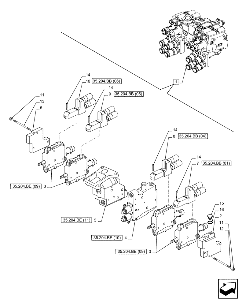 Схема запчастей Case IH PUMA 220 - (35.204.BE[06]) - VAR - 758058 - 4 REMOTE CONTROL VALVES (MHR), COMPONENTS (35) - HYDRAULIC SYSTEMS