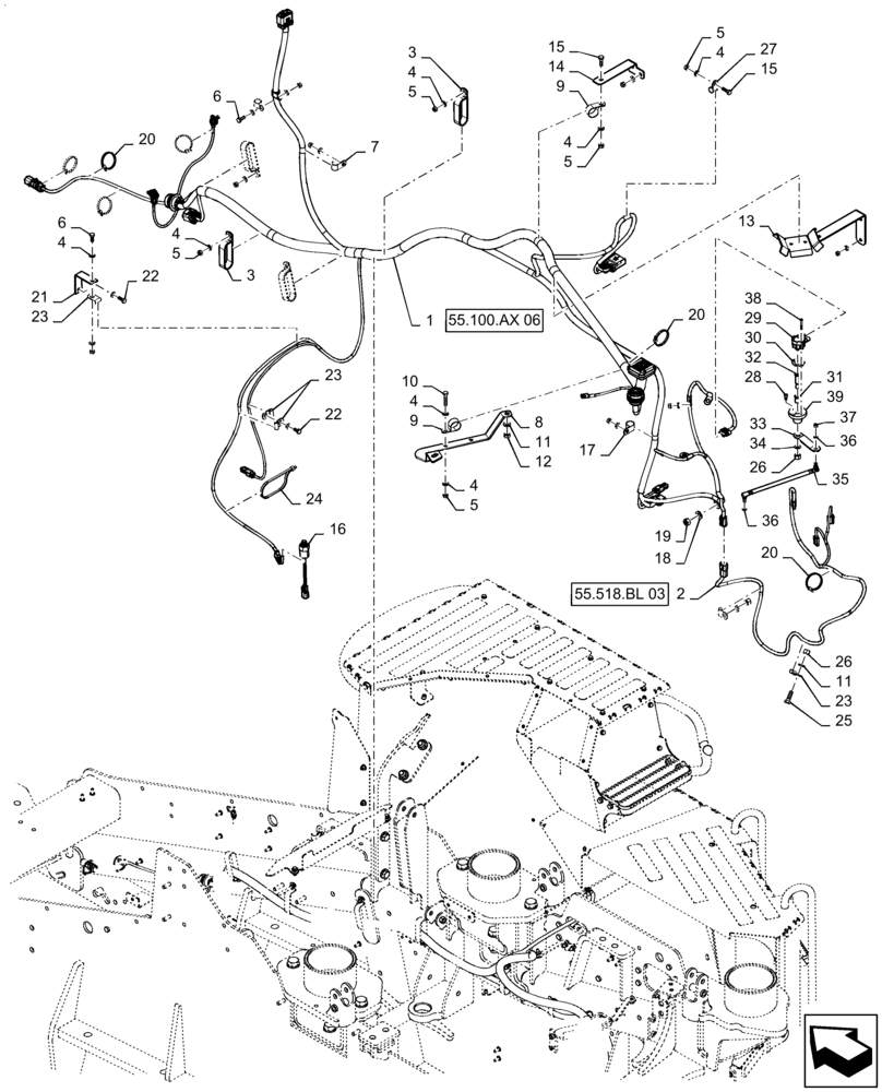 Схема запчастей Case IH STEIGER 470 - (55.100.AX[05]) - FRONT FRAME HARNESS MOUNTING, W/O CAB SUSPENSION, ASN ZFF308001 (55) - ELECTRICAL SYSTEMS