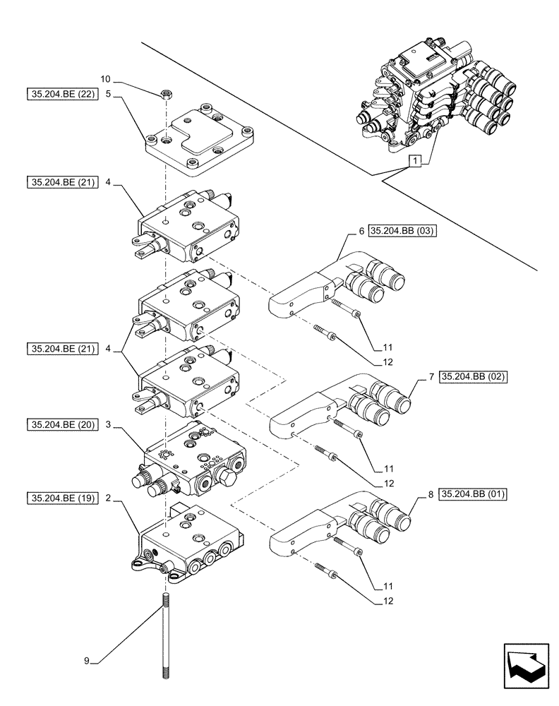 Схема запчастей Case IH PUMA 150 - (35.204.BE[04]) - VAR - 758057 - 3 REMOTE CONTROL VALVES (MHR), COMPONENTS (35) - HYDRAULIC SYSTEMS