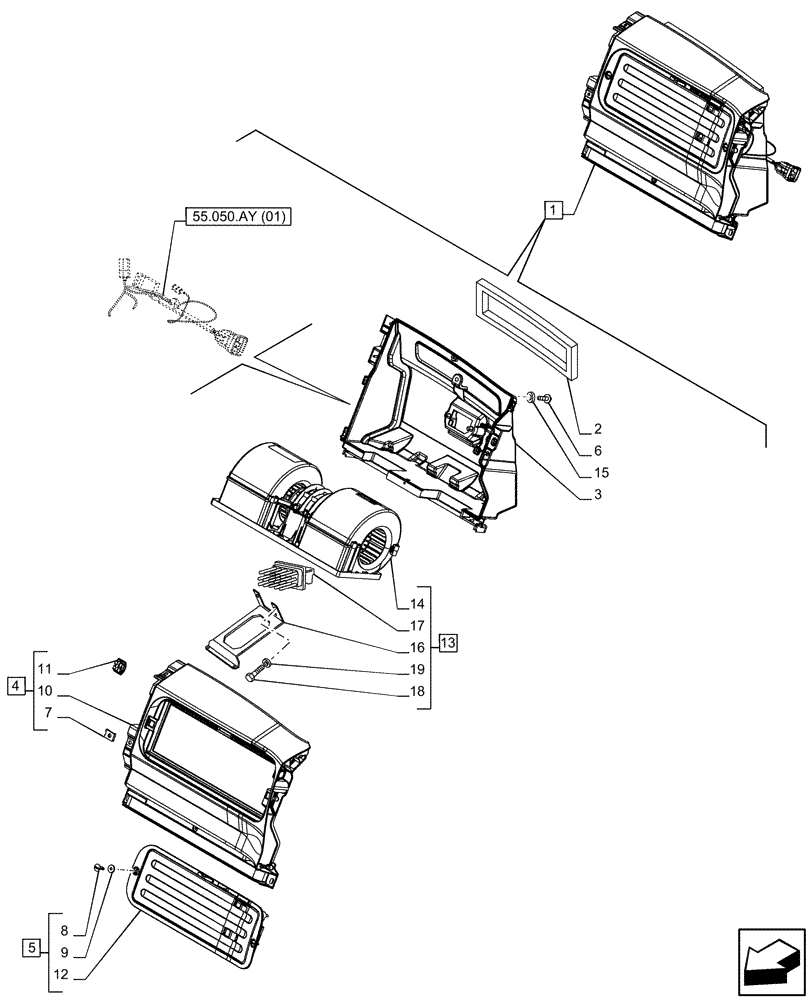 Схема запчастей Case IH PUMA 200 CVT - (55.050.AS[02]) - VAR - 758265, 758666, 758667, 759265 - AIR CONDITIONER, WITH ATC, BLOWER, COMPONENTS (55) - ELECTRICAL SYSTEMS