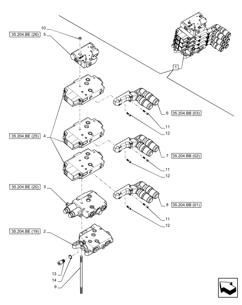 Схема запчастей Case IH PUMA 150 - (35.204.BQ[02]) - VAR - 391165, 758059 - 3 REMOTE CONTROL VALVES (EHR), COMPONENTS (35) - HYDRAULIC SYSTEMS