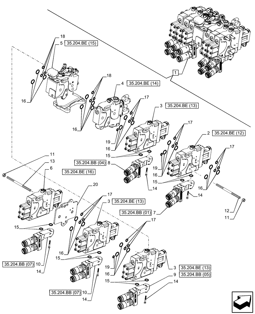 Схема запчастей Case IH PUMA 200 - (35.204.BQ[10]) - VAR - 758061 - 5 REMOTE CONTROL VALVES (EHR), COMPONENTS (35) - HYDRAULIC SYSTEMS