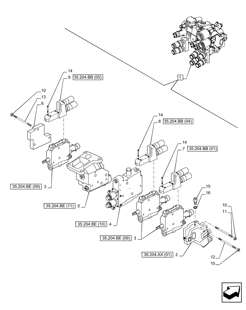 Схема запчастей Case IH PUMA 200 - (35.204.BE[04]) - VAR - 391164 - 3 REMOTE CONTROL VALVES (MHR W/PB), COMPONENTS (35) - HYDRAULIC SYSTEMS