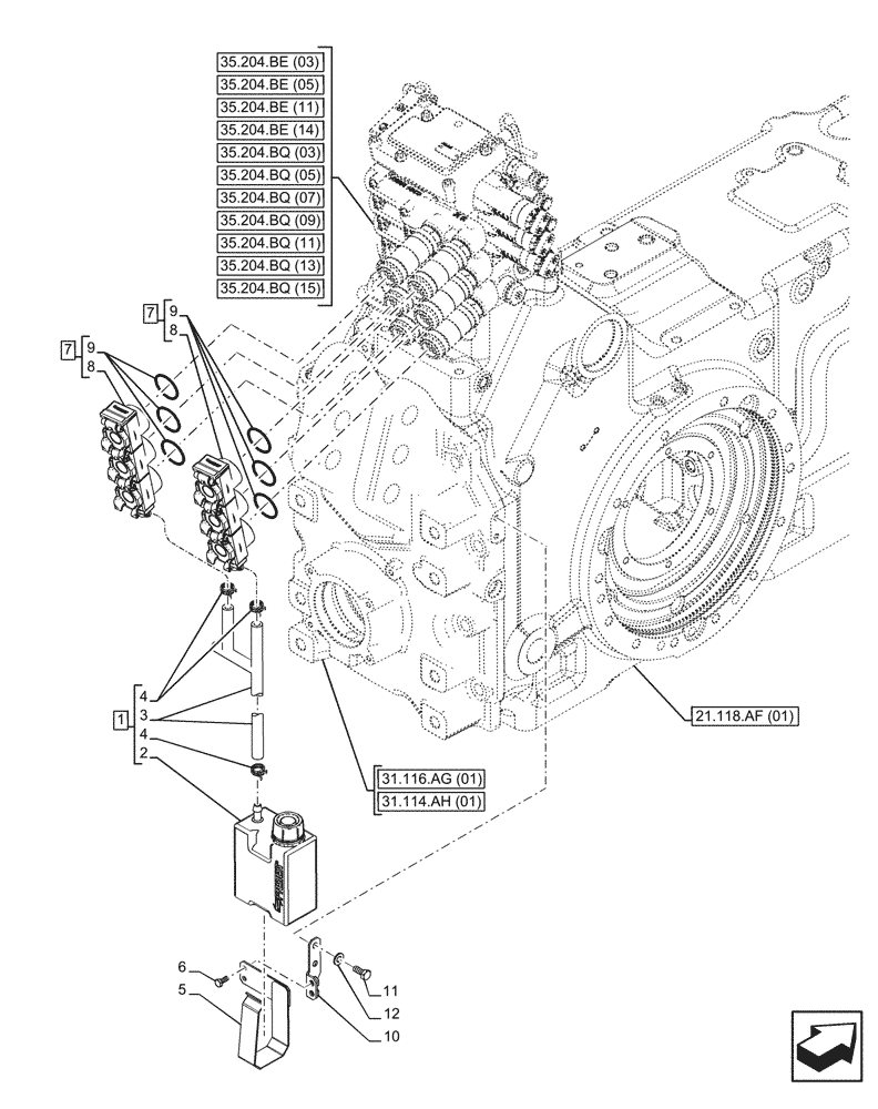 Схема запчастей Case IH PUMA 150 - (35.204.BW[02]) - VAR - 391164, 758057, 758059, 758060 - 3 REMOTE CONTROL VALVES, RESERVOIR (35) - HYDRAULIC SYSTEMS