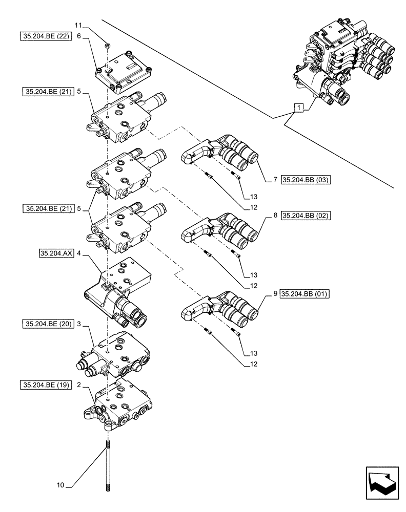 Схема запчастей Case IH PUMA 150 - (35.204.BE[06]) - VAR - 758057 - 3 REMOTE CONTROL VALVES (MHR W/PB), COMPONENTS (35) - HYDRAULIC SYSTEMS