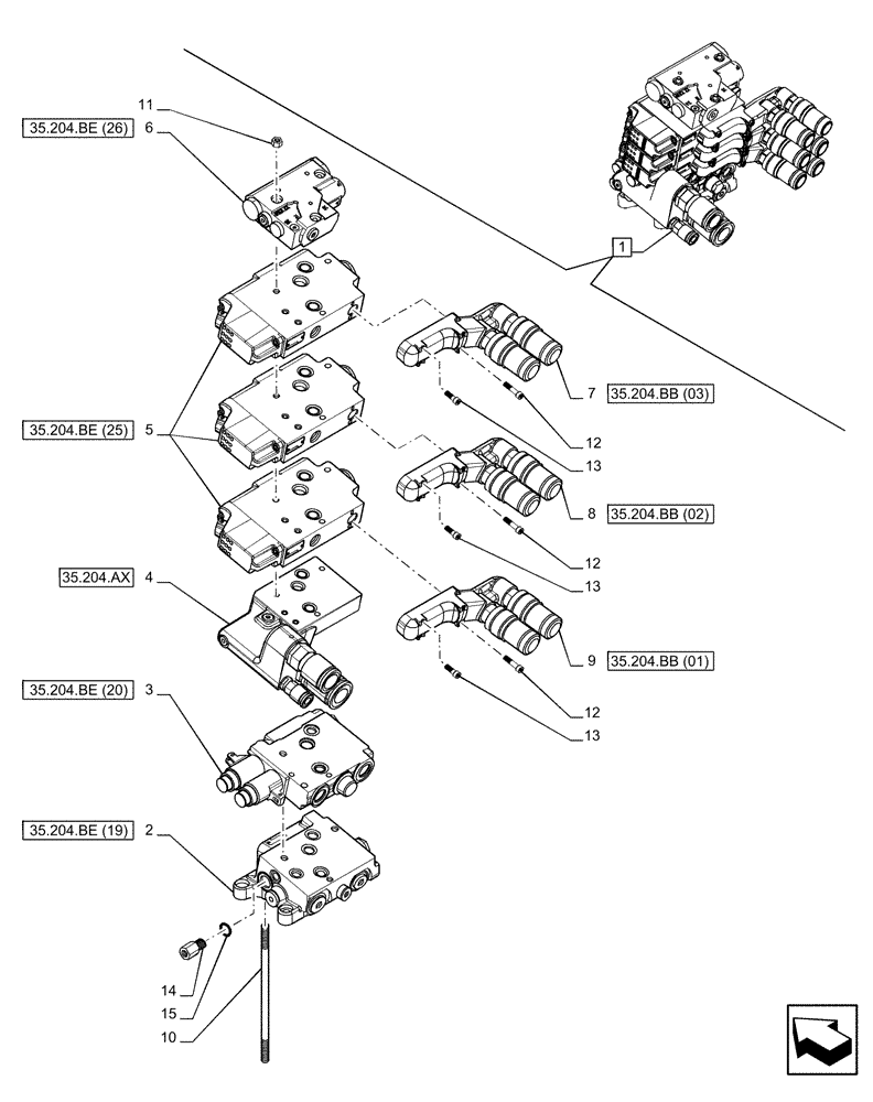 Схема запчастей Case IH PUMA 150 - (35.204.BQ[04]) - VAR - 391165, 758059 - 3 REMOTE CONTROL VALVES (EHR W/PB), COMPONENTS (35) - HYDRAULIC SYSTEMS