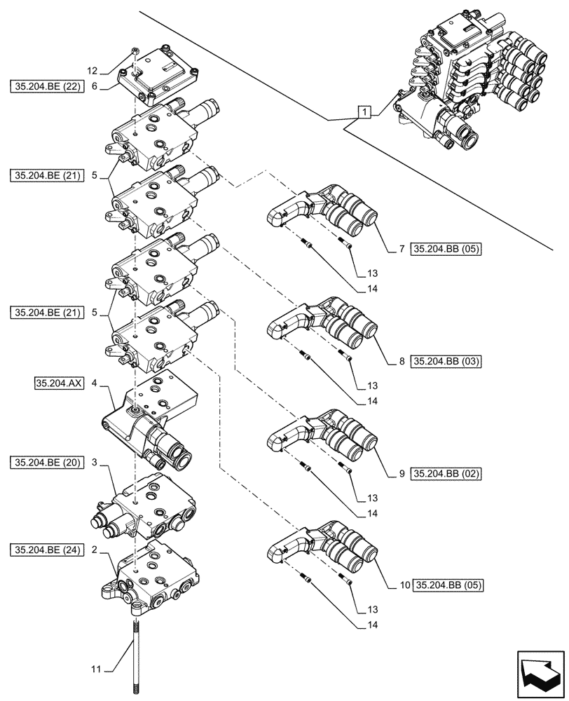 Схема запчастей Case IH PUMA 150 CVT - (35.204.BE[18]) - VAR - 758058 - 4 REMOTE CONTROL VALVES (MHR W/PB), COMPONENTS (35) - HYDRAULIC SYSTEMS