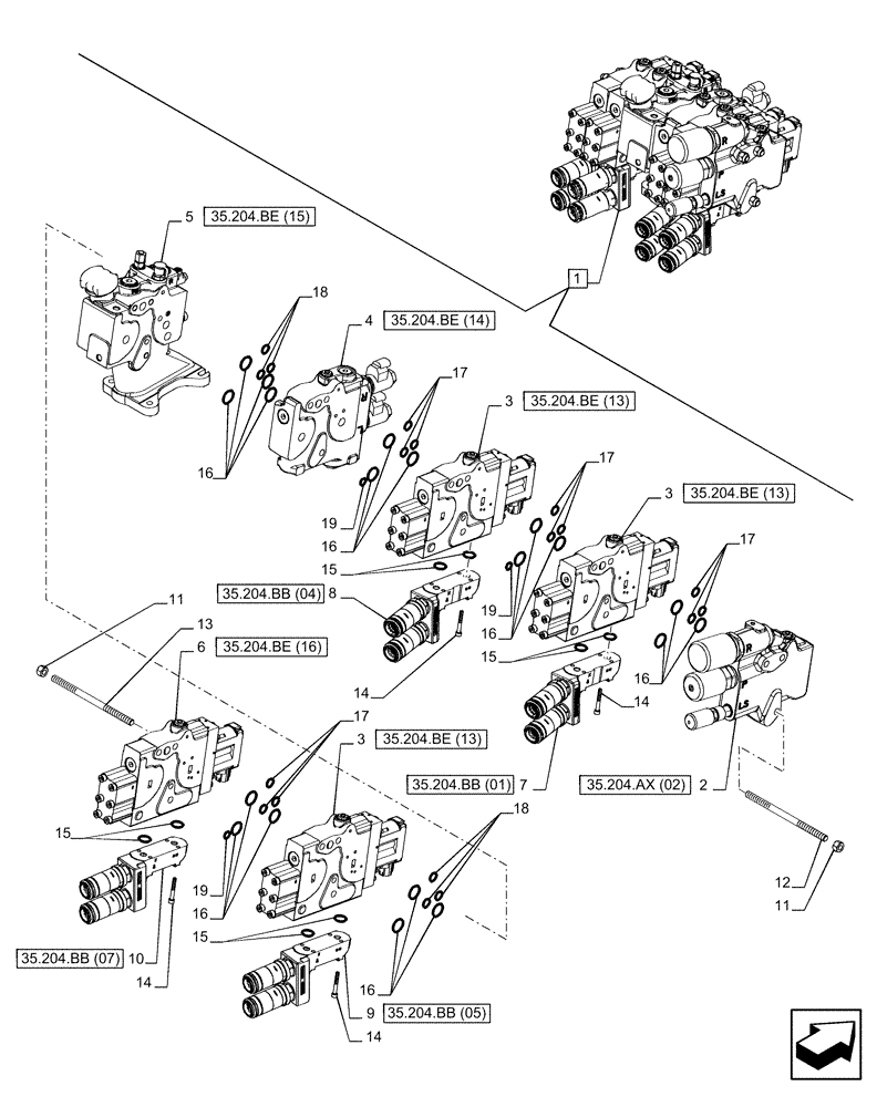 Схема запчастей Case IH PUMA 185 - (35.204.BQ[08]) - VAR - 758060 - 4 REMOTE CONTROL VALVES (EHR W/PB), COMPONENTS (35) - HYDRAULIC SYSTEMS