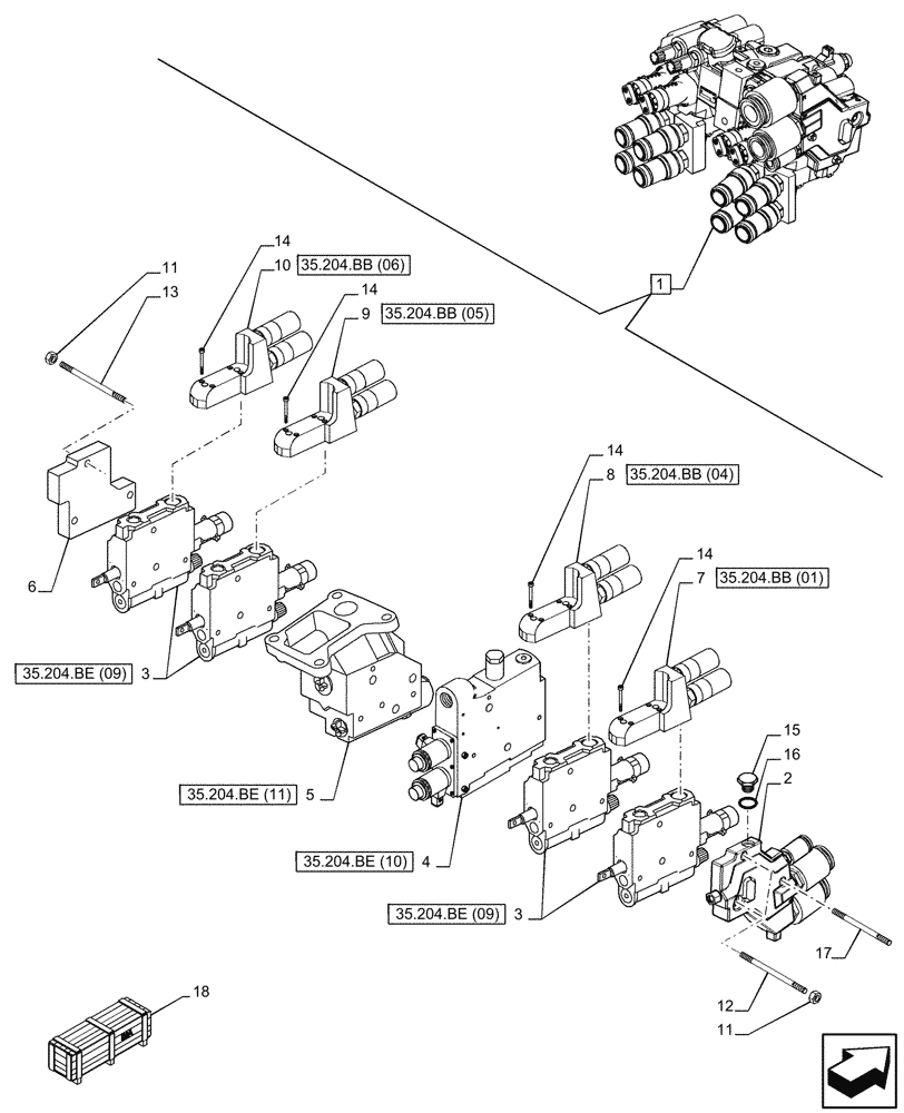 Схема запчастей Case IH PUMA 185 - (35.204.BE[08]) - VAR - 758058 - 4 REMOTE CONTROL VALVES (MHR W/PB), COMPONENTS (35) - HYDRAULIC SYSTEMS