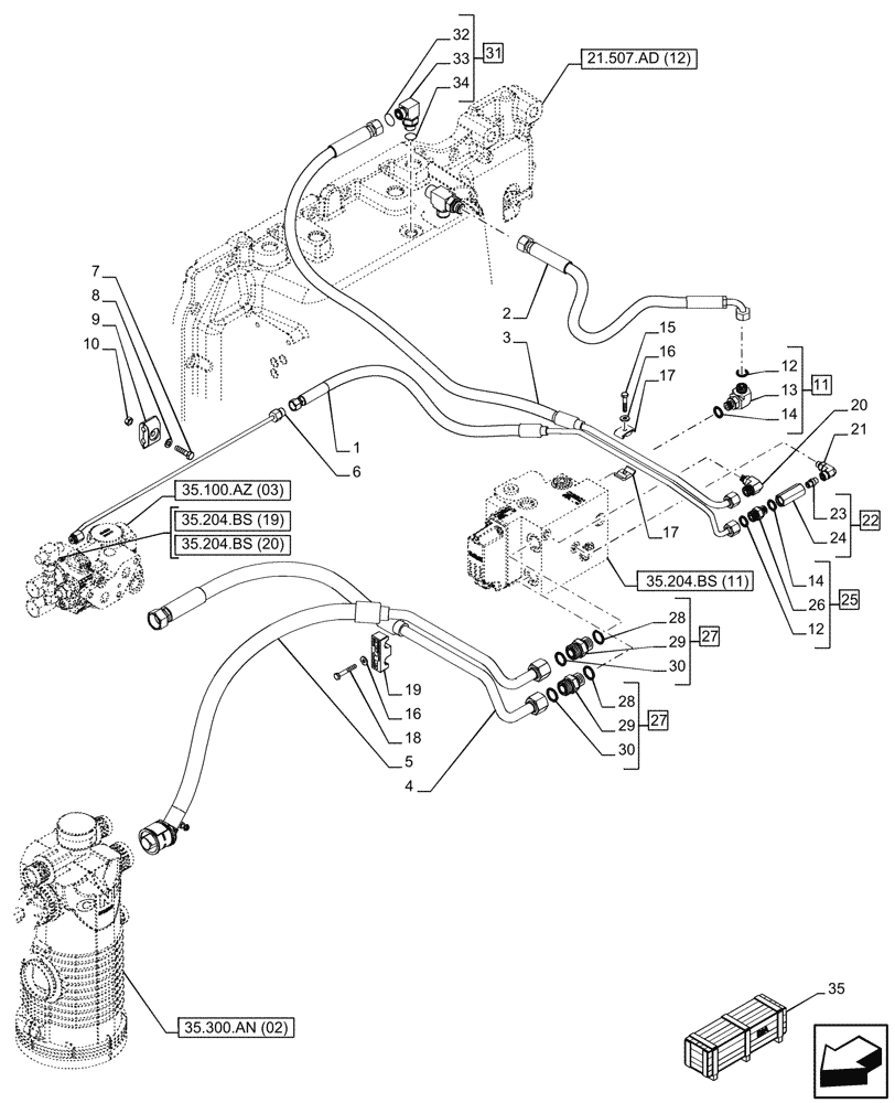 Схема запчастей Case IH PUMA 200 CVT - (35.204.BS[12]) - VAR - 391168, 758064, 758065, 758066 - 1 ELECTRONIC MID MOUNTED VALVES, LINE (35) - HYDRAULIC SYSTEMS