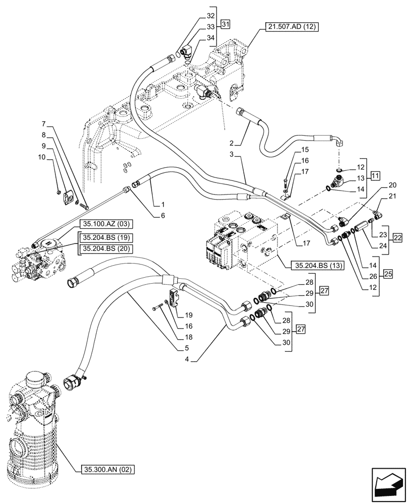 Схема запчастей Case IH PUMA 200 CVT - (35.204.BS[14]) - VAR - 758064, 758065, 758066 - 2 ELECTRONIC MID MOUNTED VALVES, LINE (35) - HYDRAULIC SYSTEMS