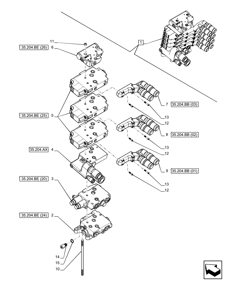 Схема запчастей Case IH PUMA 150 CVT - (35.204.BQ[12]) - VAR - 391165, 758059 - 3 REMOTE CONTROL VALVES (EHR W/PB), COMPONENTS (35) - HYDRAULIC SYSTEMS