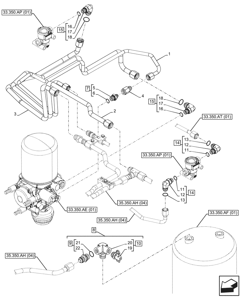 Схема запчастей Case IH PUMA 220 CVT - (33.350.AG[02]) - VAR - 337479, 337480 - ANTILOCK BRAKING SYSTEM (ABS), AIR RESERVOIR, LINE (33) - BRAKES & CONTROLS