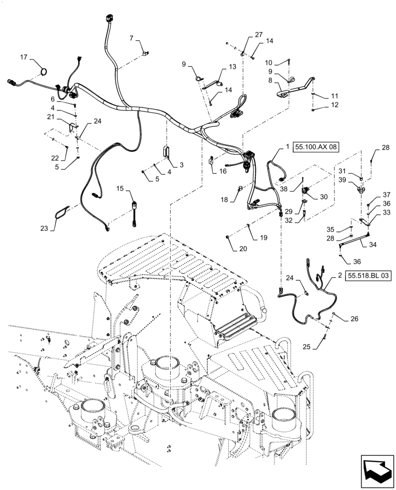 Схема запчастей Case IH STEIGER 370 - (55.100.AX[07]) - FRONT FRAME HARNESS MOUNTING, W/ CAB SUSPENSION, ASN ZFF308001 (55) - ELECTRICAL SYSTEMS