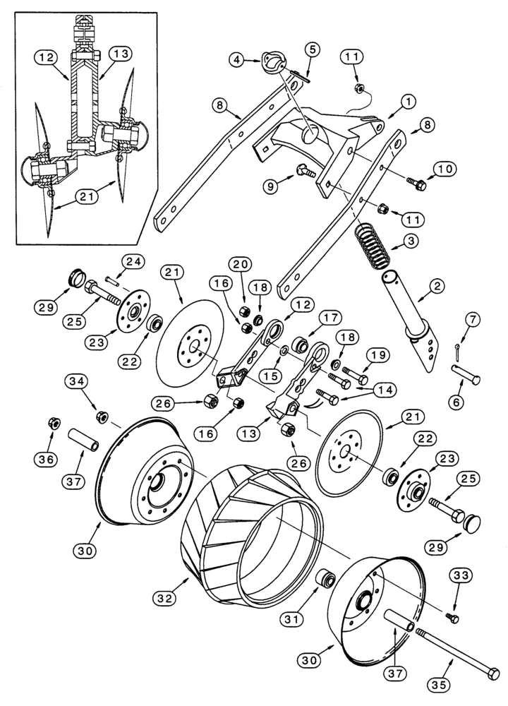 Схема запчастей Case IH 5500 - (9-44) - PRESS WHEEL AND COVERING DISC USED WITH RIGHT-HAND LEADING DISC OPENER (ON LEFT-HAND SIDE OF DRILL) (09) - CHASSIS