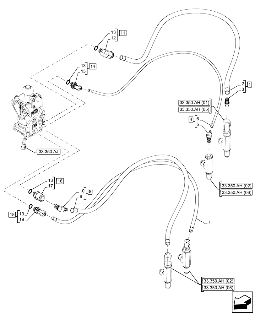 Схема запчастей Case IH PUMA 200 CVT - (33.350.AK[01]) - VAR - 337479, 337480 - ANTILOCK BRAKING SYSTEM (ABS), FOOT CONTROL VALVE, LINE (33) - BRAKES & CONTROLS