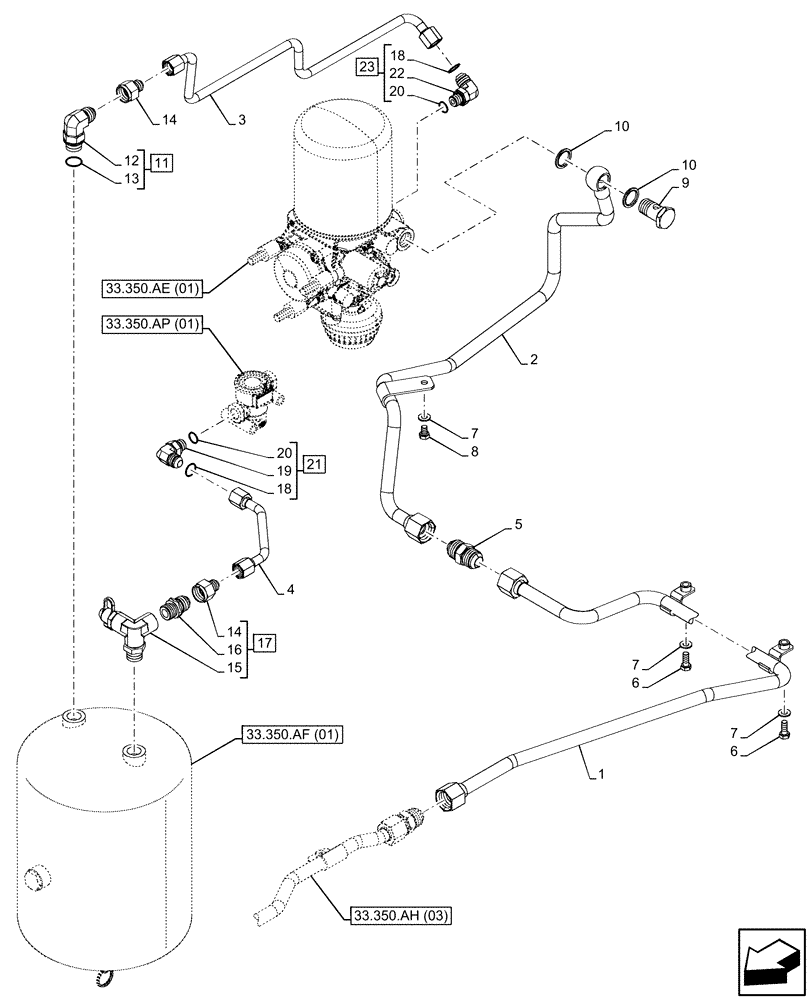 Схема запчастей Case IH PUMA 220 CVT - (33.350.AG[01]) - VAR - 337479, 337480 - ANTILOCK BRAKING SYSTEM (ABS), AIR RESERVOIR, LINE (33) - BRAKES & CONTROLS