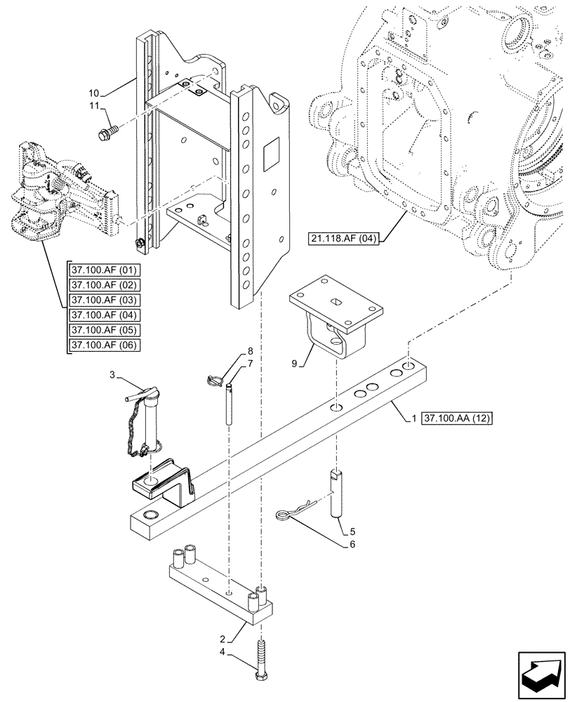 Схема запчастей Case IH PUMA 200 - (37.100.AA[11]) - VAR - 758651, 758652, 758653, 758654, 758655, 758656, 758657, 758658, 758861, 758862, 758937, 758938 - DRAWBAR (37) - HITCHES, DRAWBARS & IMPLEMENT COUPLINGS