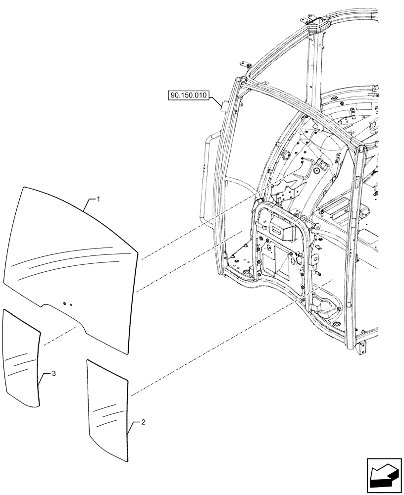 Схема запчастей Case IH FARMALL 120U - (90.156.010) - VAR - 336730, 339434 - WINDSHIELD, FRONT, GLASS (90) - PLATFORM, CAB, BODYWORK AND DECALS
