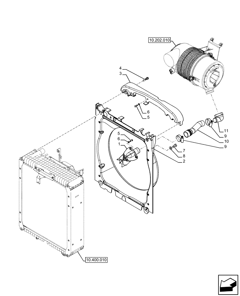 Схема запчастей Case IH FARMALL 120U - (10.400.030) - VAR - 330200 - RADIATOR FAN SHROUD, W/ DUST EJECTOR TUBE (10) - ENGINE