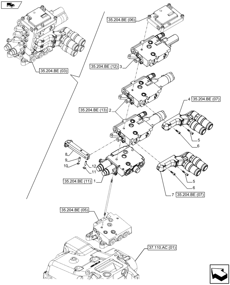 Схема запчастей Case IH FARMALL 105U - (35.204.BE[04]) - VAR - 332844 - REMOTE CONTROL VALVE, BLOCK, COMPONENTS (3 REMOTES) (35) - HYDRAULIC SYSTEMS