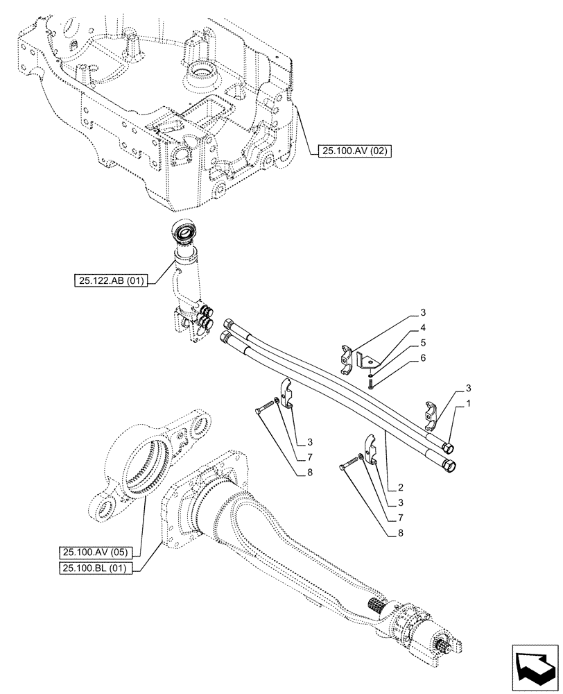 Схема запчастей Case IH PUMA 165 - (25.122.AD) - VAR - 758045, 758046 - SUSPENDED FRONT AXLE, CYLINDER, LINE (25) - FRONT AXLE SYSTEM