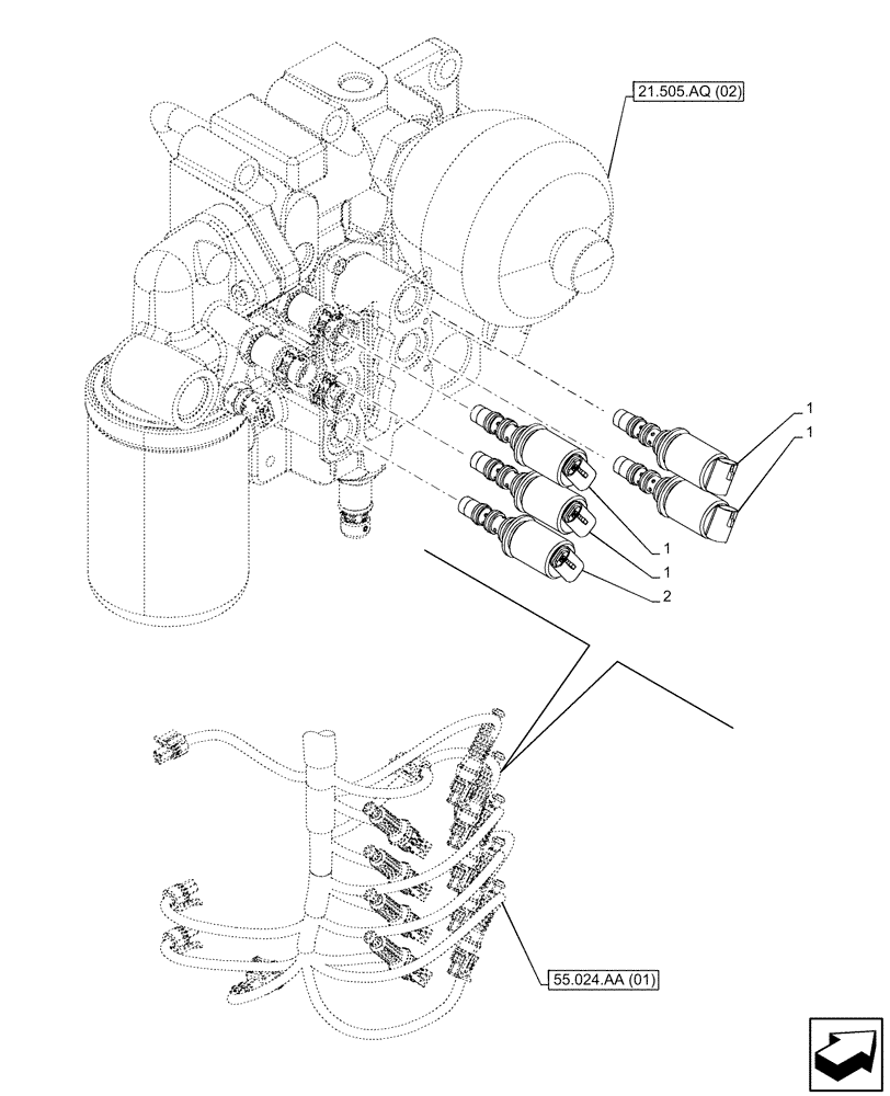 Схема запчастей Case IH PUMA 150 CVT - (55.024.AH[03]) - VAR - 391138, 758022 - TRANSMISSION CONTROL VALVE, SOLENOID (55) - ELECTRICAL SYSTEMS