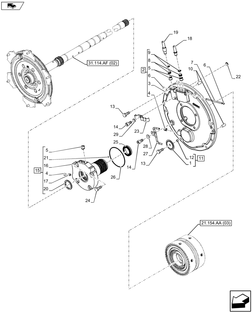 Схема запчастей Case IH FARMALL 105U - (21.154.AA[02]) - VAR - 334114, 390430 - DRIVE TRAIN OF GEAR HI-LO (21) - TRANSMISSION