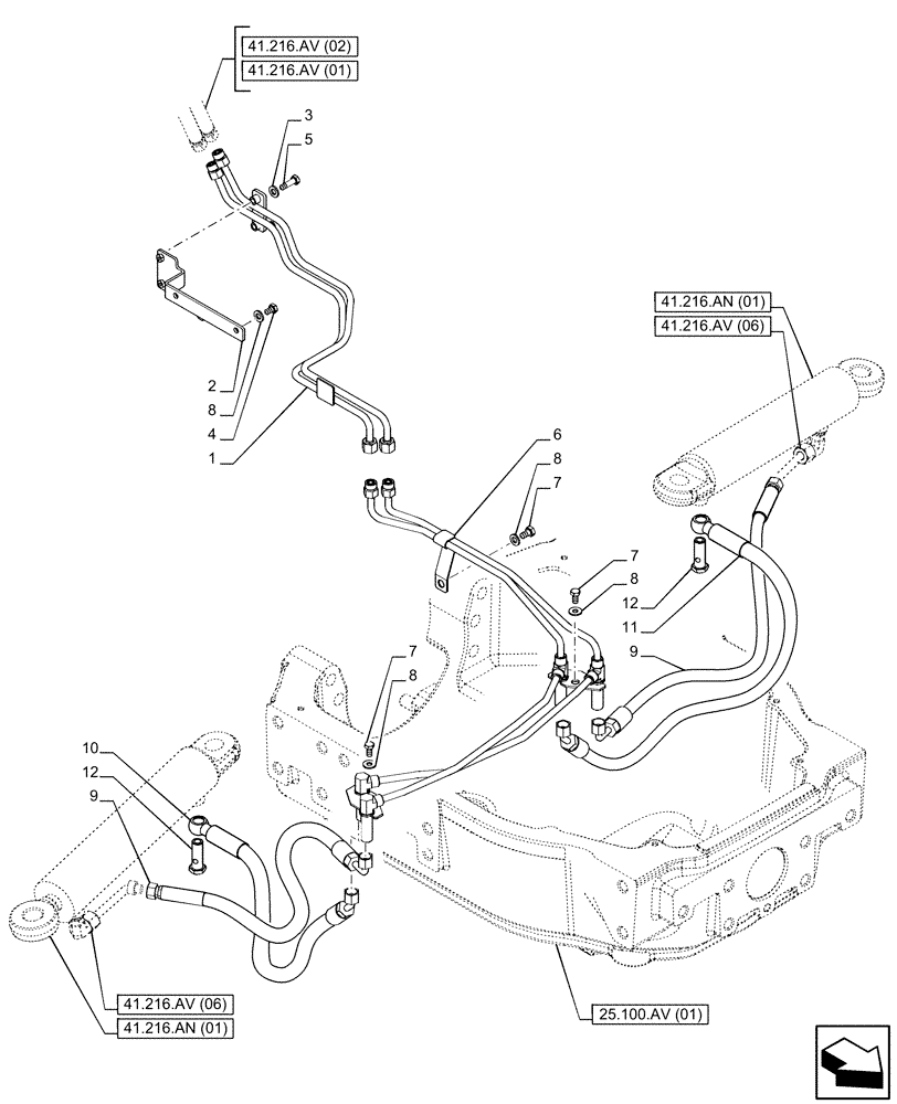 Схема запчастей Case IH PUMA 165 - (41.216.AV[03]) - VAR - 391156 - 4WD FRONT AXLE, STEERING CYLINDER HYD. LINE (41) - STEERING