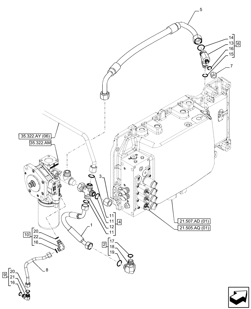 Схема запчастей Case IH PUMA 185 CVT - (35.322.AY[07]) - VAR - 391138, 758022 - TRANSMISSION, LOW PRESSURE, LINE (35) - HYDRAULIC SYSTEMS