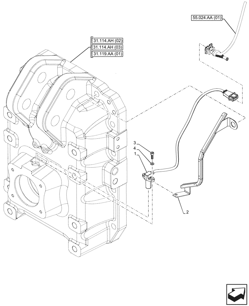 Схема запчастей Case IH PUMA 220 CVT - (55.048.AI[01]) - VAR - 337427, 337433, 391138, 758022, 759053 - PTO, SPEED SENSOR (55) - ELECTRICAL SYSTEMS