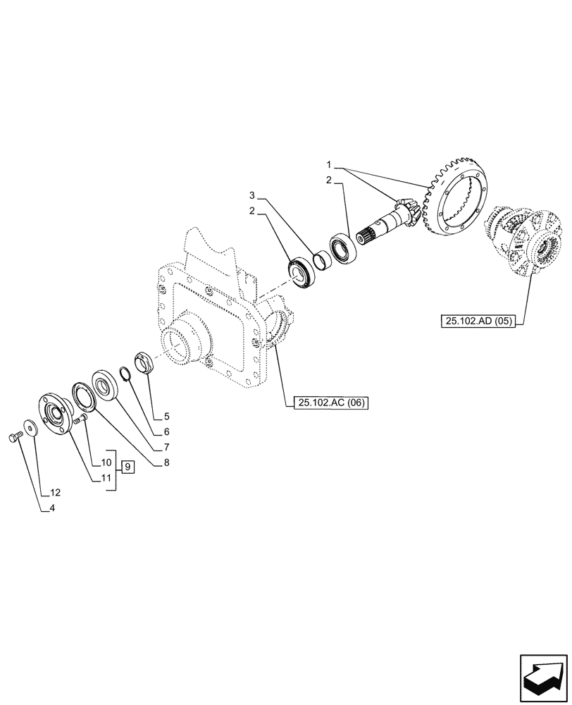 Схема запчастей Case IH PUMA 200 CVT - (25.102.AB[05]) - VAR - 337416 - SUSPENDED FRONT AXLE, W/ BRAKE, BEVEL PINION (25) - FRONT AXLE SYSTEM