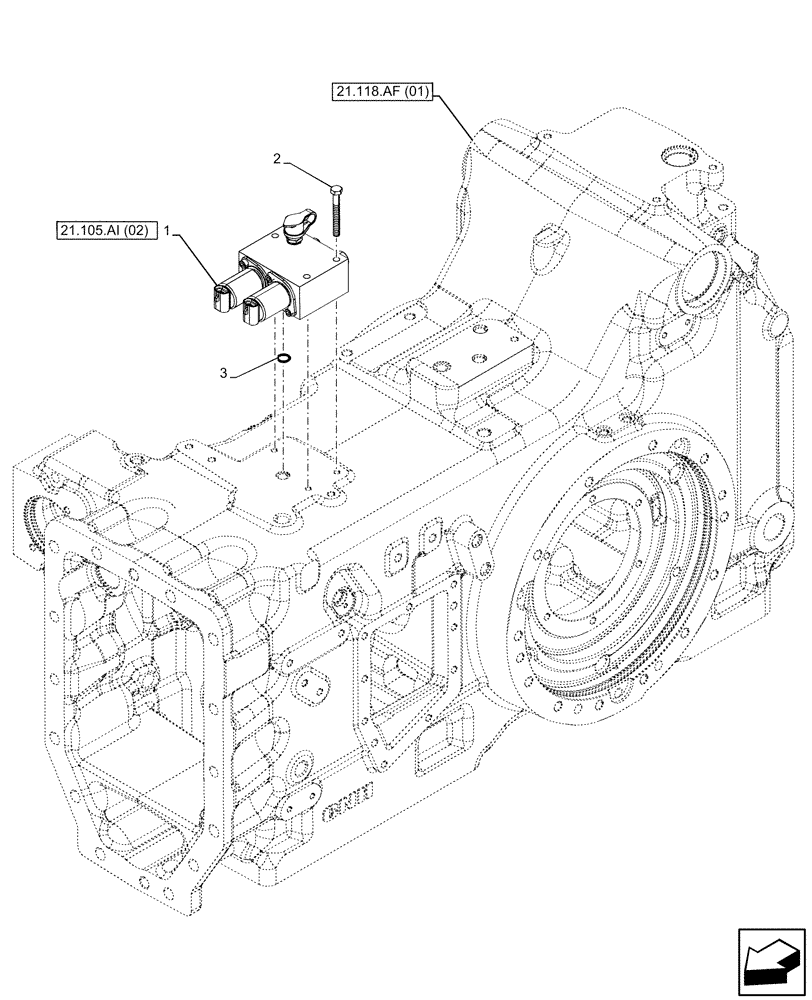 Схема запчастей Case IH PUMA 165 - (21.105.AI[01]) - VAR - 391351, 758011, 758012, 758013, 758014, 758015, 758018, 758019, 758020, 758021 - VALVE, LUBRIFICATION, MOUNTING (21) - TRANSMISSION