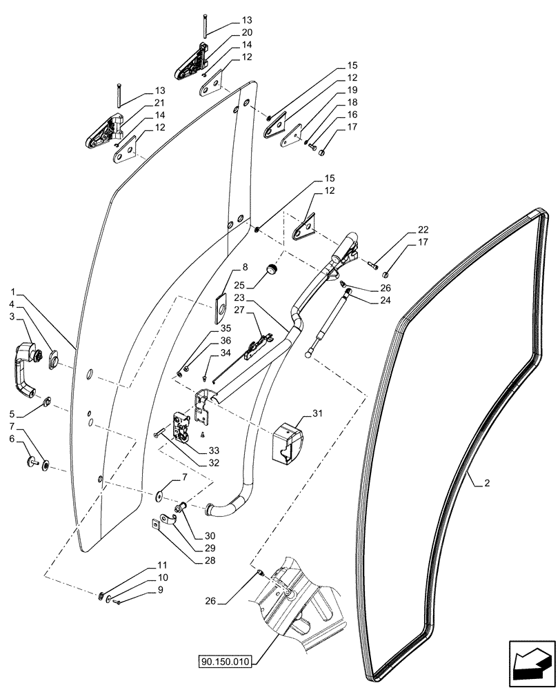 Схема запчастей Case IH FARMALL 120U - (90.154.020) - VAR - 331444, 332147, 335387, 336730, 339434, 391246 - DOOR, RH (90) - PLATFORM, CAB, BODYWORK AND DECALS