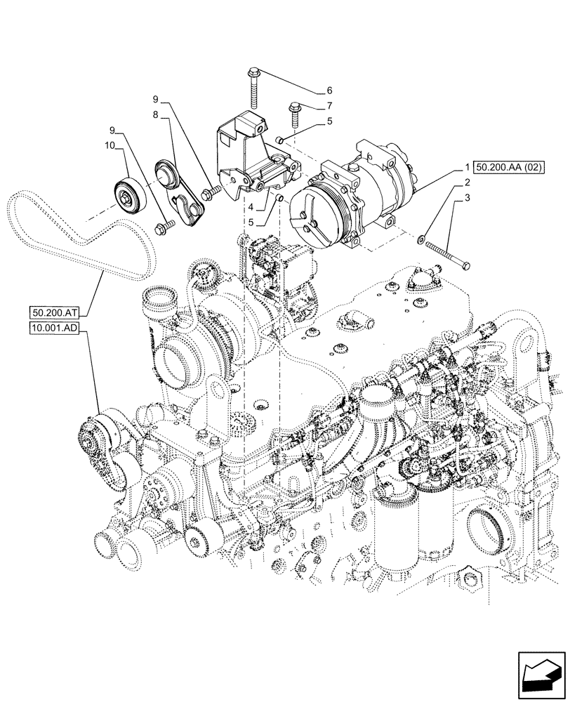 Схема запчастей Case IH PUMA 150 - (50.200.AA[01]) - VAR - 391130 , 392753, 758000 - AIR CONDITIONING, COMPRESSOR, MOUNTING (50) - CAB CLIMATE CONTROL