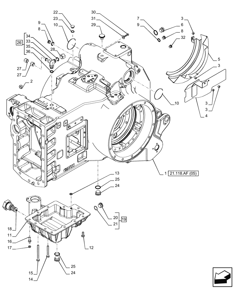 Схема запчастей Case IH PUMA 240 CVT - (21.118.AF[05]) - VAR - 337427, 337433, 391138, 758022, 758870, 759053 - TRANSMISSION HOUSING, CVT (21) - TRANSMISSION