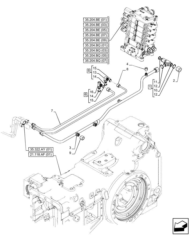 Схема запчастей Case IH PUMA 150 - (35.322.AY[02]) - VAR - 391136, 391351, 758011, 758012, 758013, 758014, 758015, 758016, 758017, 758018, 758019, 758020, 758021 - TRANSMISSION, LOW PRESSURE, LINE (35) - HYDRAULIC SYSTEMS