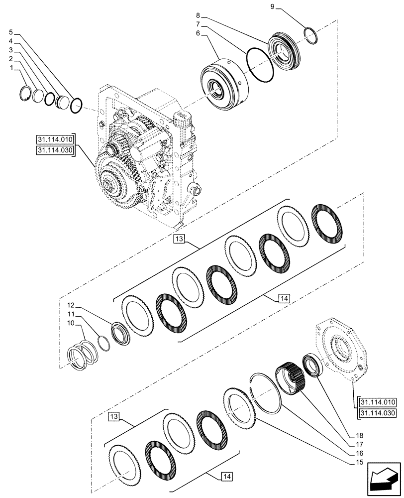 Схема запчастей Case IH FARMALL 110U - (31.114.050) - VAR - 330801, 331729, 331819, 334792, 334793, 390433, 391727 - REAR PTO, CLUTCH, DISC (31) - IMPLEMENT POWER TAKE OFF