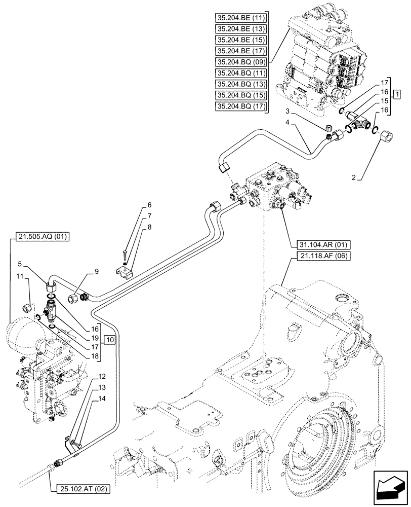 Схема запчастей Case IH PUMA 165 CVT - (35.322.AY[16]) - VAR - 391138, 758022 - TRANSMISSION, LOW PRESSURE, LINE (35) - HYDRAULIC SYSTEMS