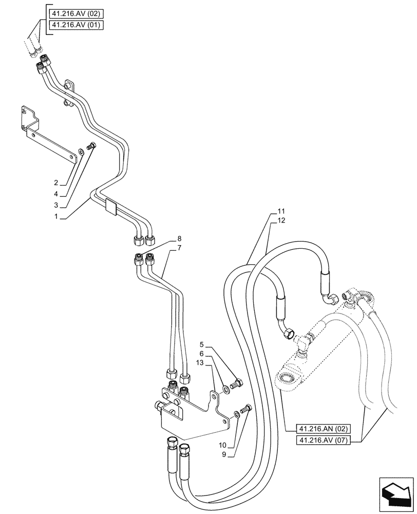 Схема запчастей Case IH PUMA 200 - (41.216.AV[04]) - VAR - 337416, 758048, 758049 - SUSPENDED FRONT AXLE, STEERING CYLINDER HYD. LINE (41) - STEERING