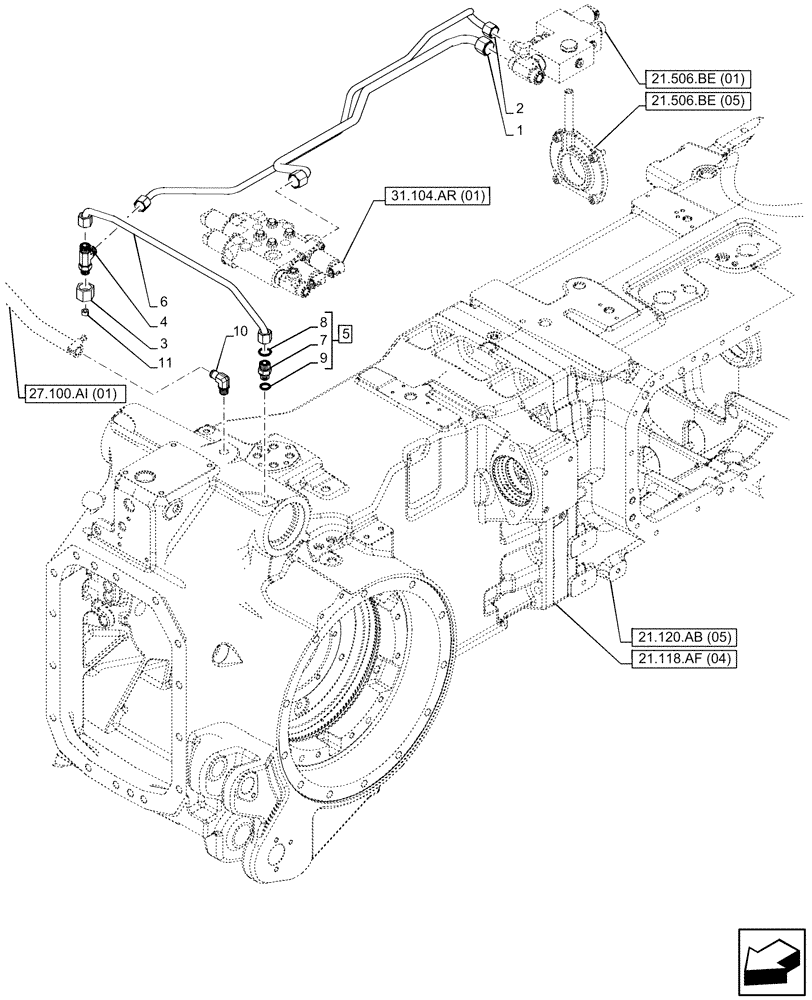 Схема запчастей Case IH PUMA 220 CVT - (21.506.BE[04]) - VAR - 337427, 337433, 391138, 758022, 758870, 759053 - TRANSMISSION, LUBRICATION LINE (21) - TRANSMISSION