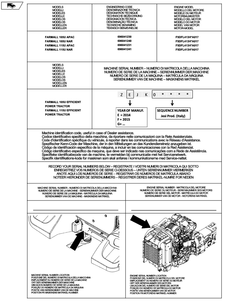 Схема запчастей Case IH FARMALL 115U - (00.100.01) - IDENTIFICATION PLATES AND VERSION LIST (00) - GENERAL & PICTORIAL INDEX