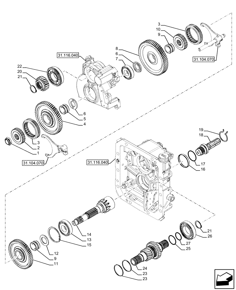 Схема запчастей Case IH FARMALL 120U - (31.116.050) - VAR - 331729 - REAR PTO, DRIVEN SHAFT, 3-SPEED, NA (31) - IMPLEMENT POWER TAKE OFF