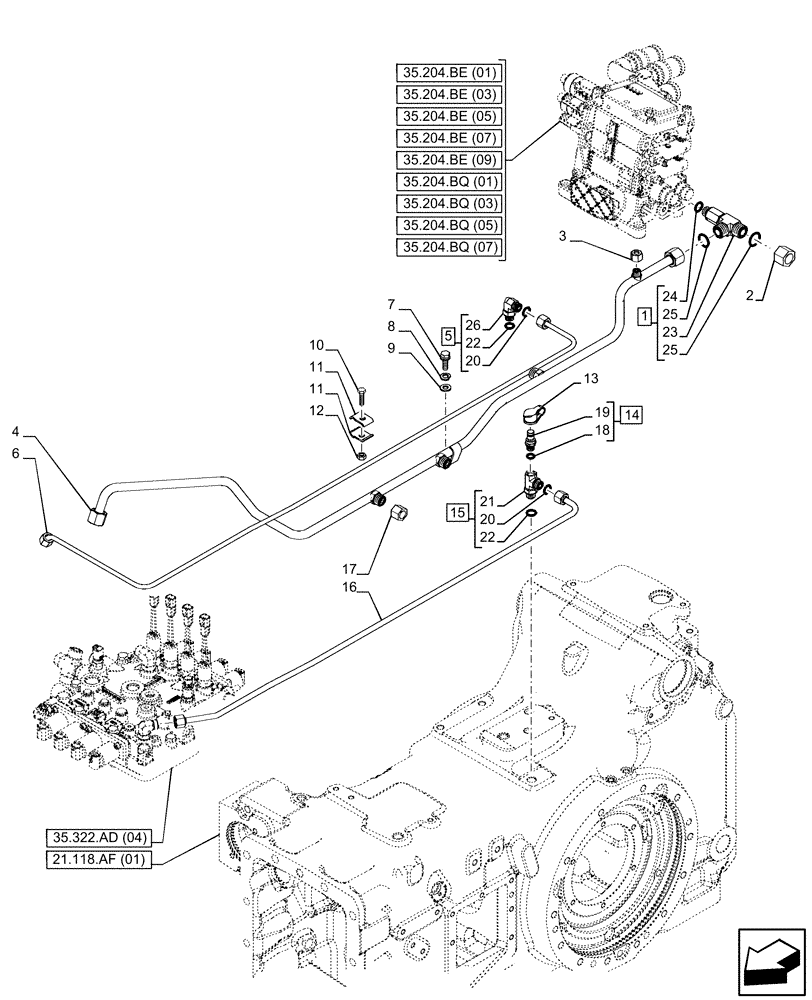 Схема запчастей Case IH PUMA 150 - (35.322.AY[05]) - VAR - 391136, 391351, 758011, 758012, 758013, 758014, 758015, 758016, 758017, 758018, 758019, 758020, 758021 - TRANSMISSION, LOW PRESSURE, LINE (35) - HYDRAULIC SYSTEMS