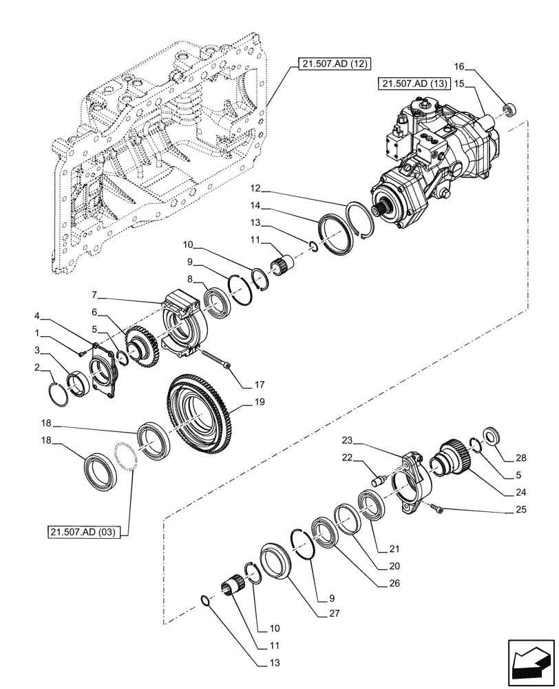 Схема запчастей Case IH PUMA 185 CVT - (21.507.AD[09]) - VAR - 337427, 337433, 391138, 758022, 758870, 759053 - TRANSMISSION, HYDROSTATIC PUMP (21) - TRANSMISSION