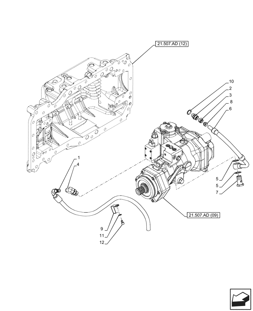 Схема запчастей Case IH PUMA 200 CVT - (21.507.AD[10]) - VAR - 337427, 337433, 391138, 758022, 758870, 759053 - TRANSMISSION, HYDROSTATIC PUMP, LINE (21) - TRANSMISSION