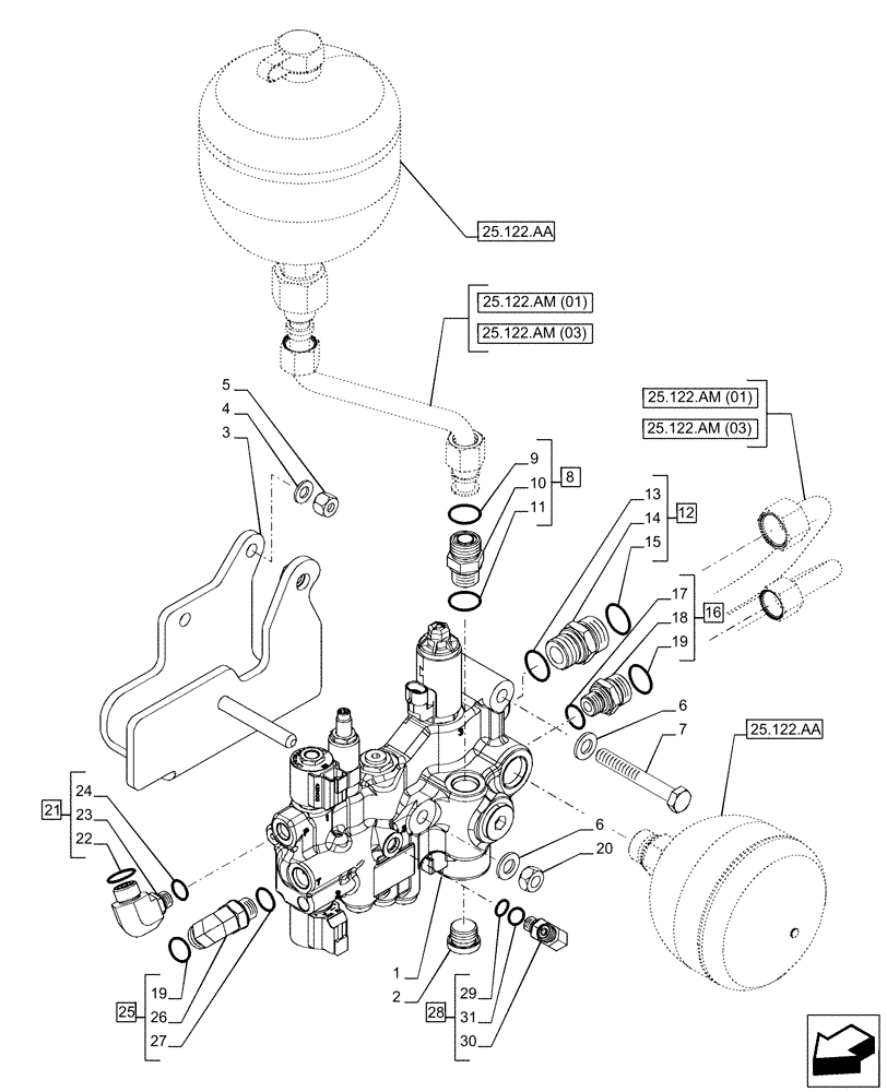 Схема запчастей Case IH PUMA 165 - (25.122.AL) - VAR. 758045, 758046 - SUSPENDED FRONT AXLE - HYD CONTROL VALVE (25) - FRONT AXLE SYSTEM