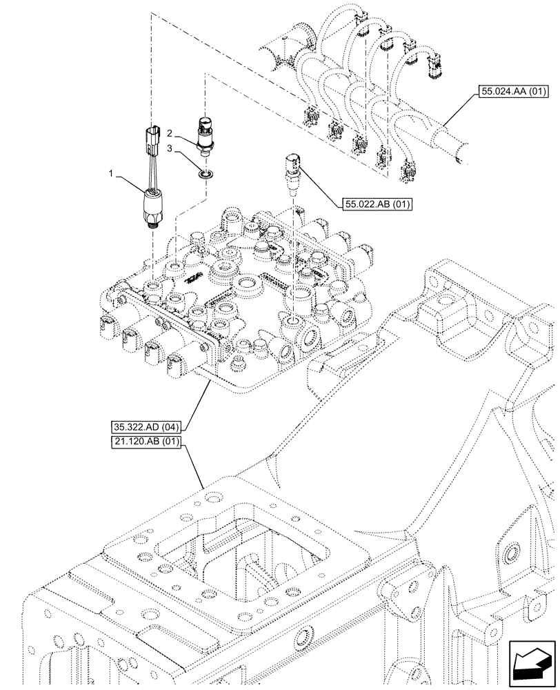 Схема запчастей Case IH PUMA 150 CVT - (55.021.AB[02]) - VAR - 391138, 758022 - TRANSMISSION, PRESSURE SWITCH (55) - ELECTRICAL SYSTEMS