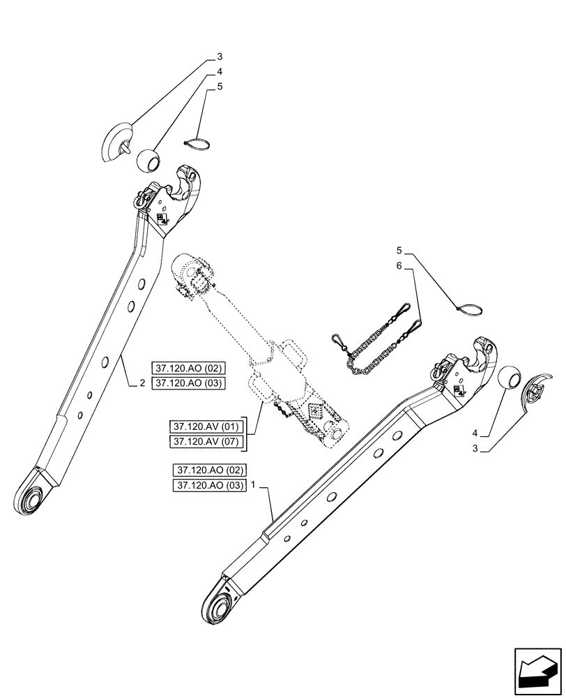 Схема запчастей Case IH PUMA 200 CVT - (37.120.AO[01]) - VAR - 391170, 758071, 758072, 758075, 758076, 758077, 758080, 758081, 758082 - 3 POINT HITCH, LOWER LINK (37) - HITCHES, DRAWBARS & IMPLEMENT COUPLINGS